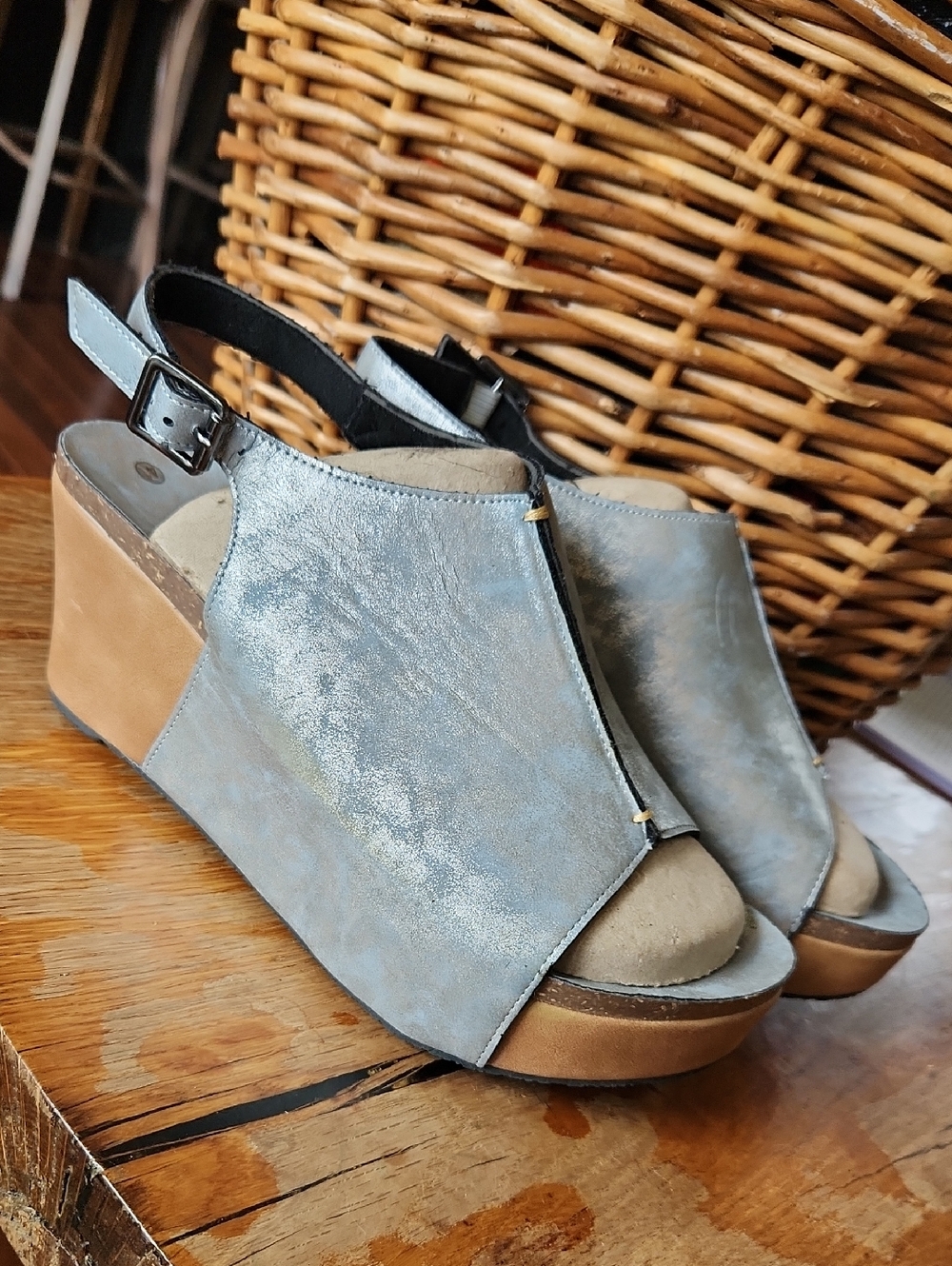 Platform Sandal EUR 41 US 10 Metallic Silver Cork Wedge Platform